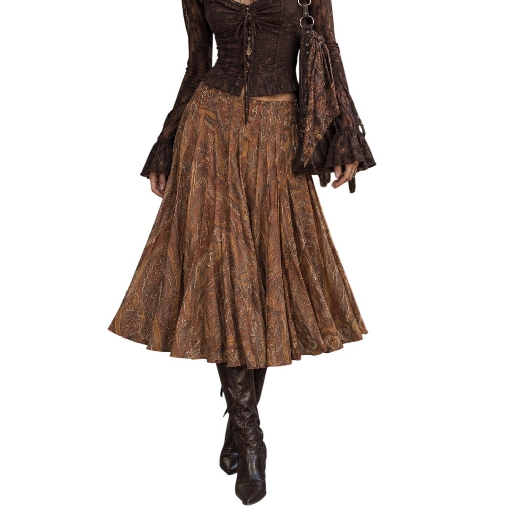 Spirit Coldwater Creek Whimsigoth Dark Boho Earthy Paisley 100% Silk Midi Skirt